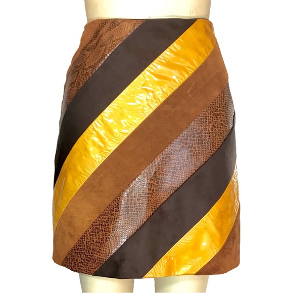 Cache Dresses & Skirts - Cache Genuine Leather diagonal panels multicolored brown skirt size 2 metallic